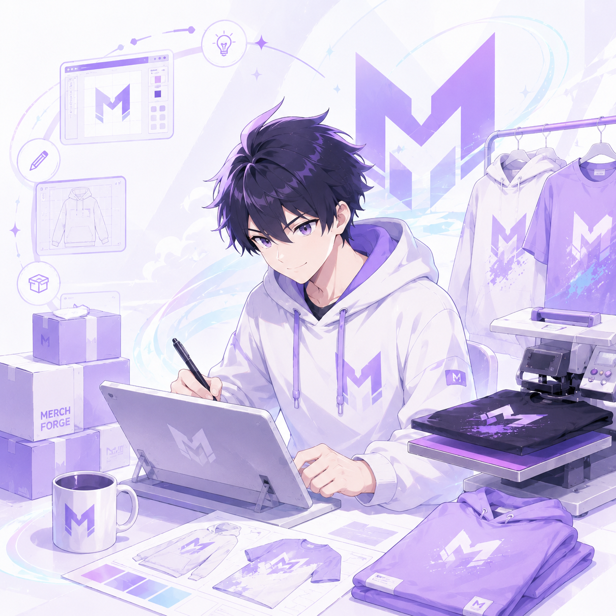 Creator merch collection displayed in a bright VTuber-inspired studio